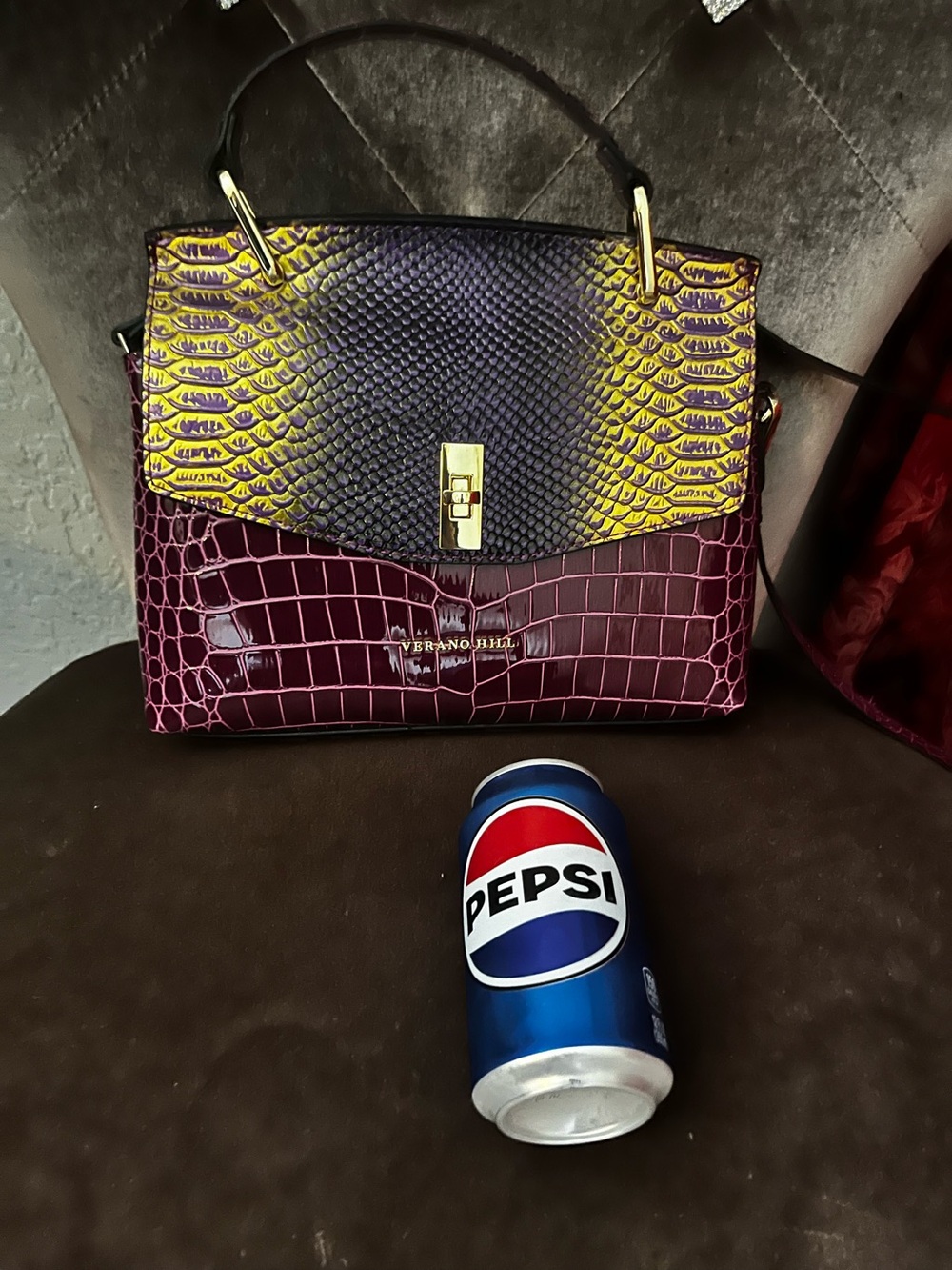 Vera N. Hill Burgundy Croc Satchel with Yellow-Purple Snake Flap